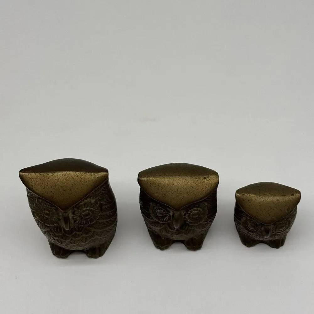 LEONARD Solid BRASS Owl Set Of 3 Figures Paperweights VINTAGE Rare Korea‎